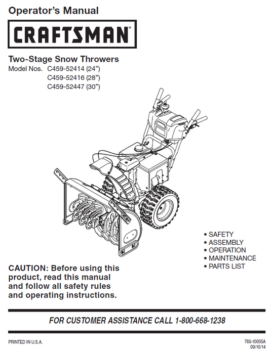 C459-52414 C459-52416 C459-52447 Manual for Craftsman Snow Throwers