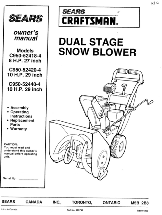 Craftsman Snowblower Owners Manual for Models C950-52418-4 C950-52420-4 C950-52440-4