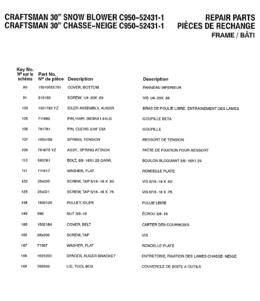 C950-52431-1 Craftsman 30" Snowblower Parts List
