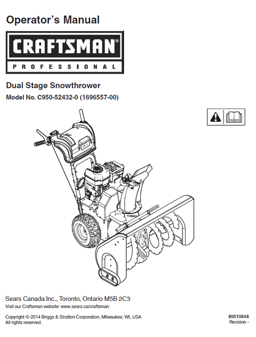 C950-52432-0 Manual for Craftsman Dual Stage Snow Thrower