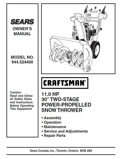 944.524400 Manual for Craftsman 30" Two-Stage Snow Thrower
