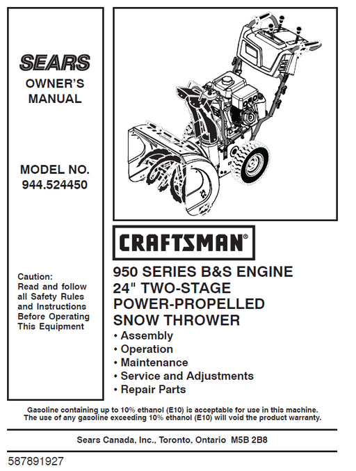 944.524450 Craftsman 27" Snowblower Owners Manual