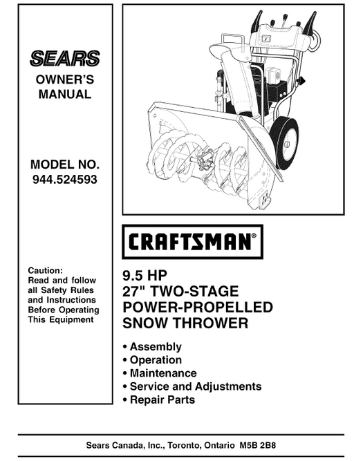 944.524593 Manual for Craftsman 27" Two-Stage Snow Thrower