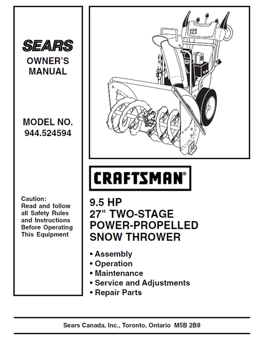 944.524594 Manual for Craftsman 27" Two-Stage Snow Thrower