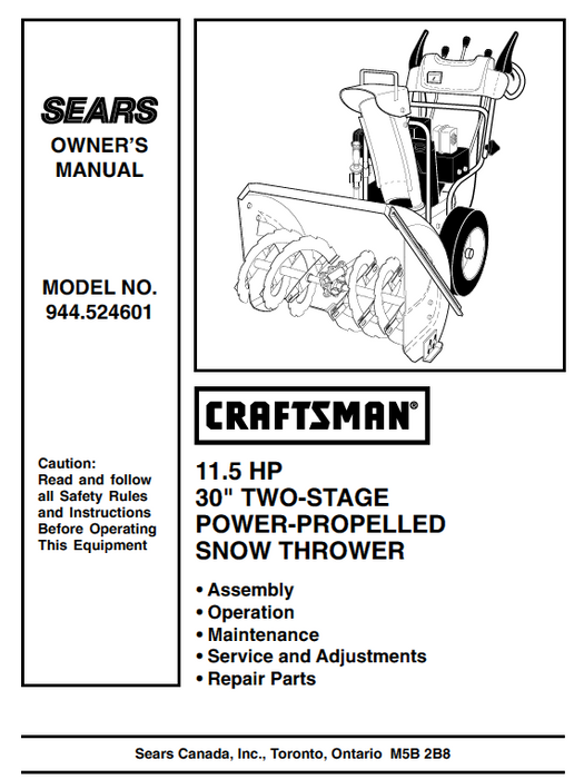 C944-524601 30" Snow Thrower Owners Manual