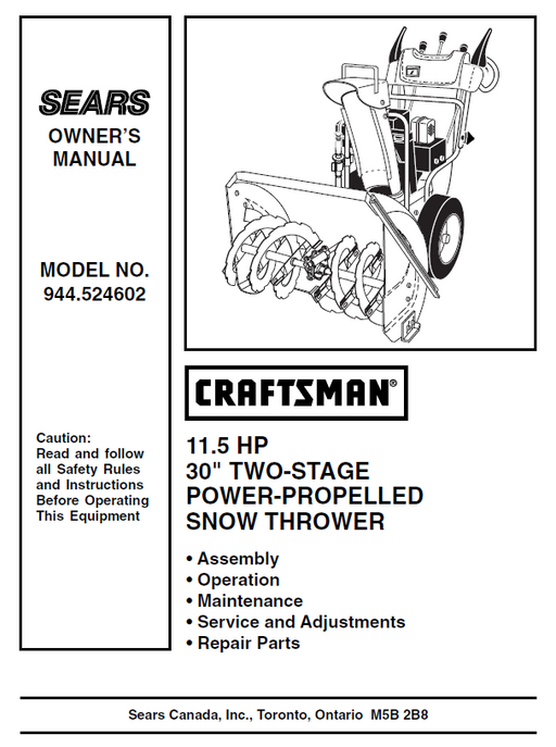 944.524602 Manual for Craftsman 30" Two-Stage Snow Thrower