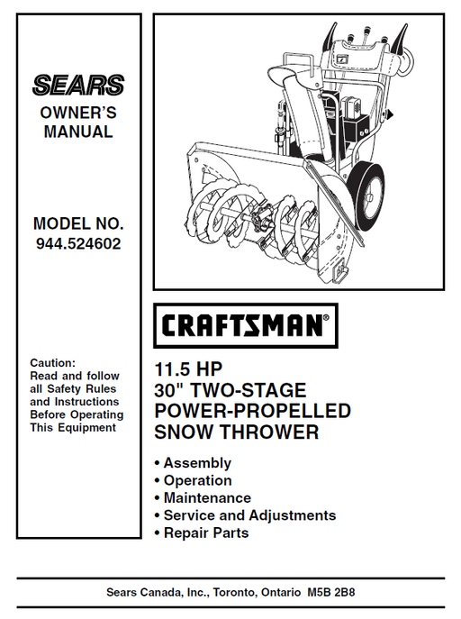 944.524602 Craftsman 30" Snowblower Owners Manual