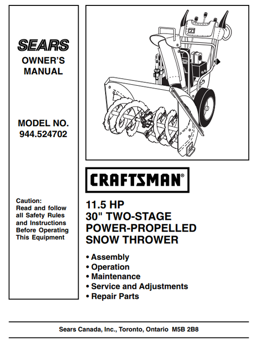 944.524702 Craftsman 30" Snowblower Owners Manual