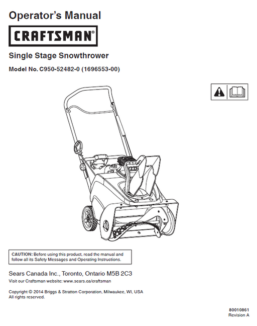 C950-52482-0 Manual for Craftsman Single Stage Snow Thrower