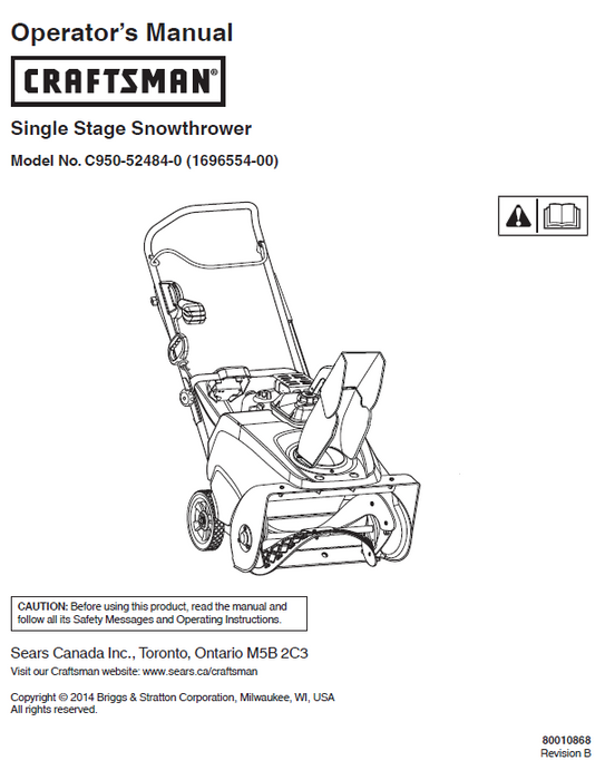 C95-52484-0 Craftsman Snowthrower Owners Manual