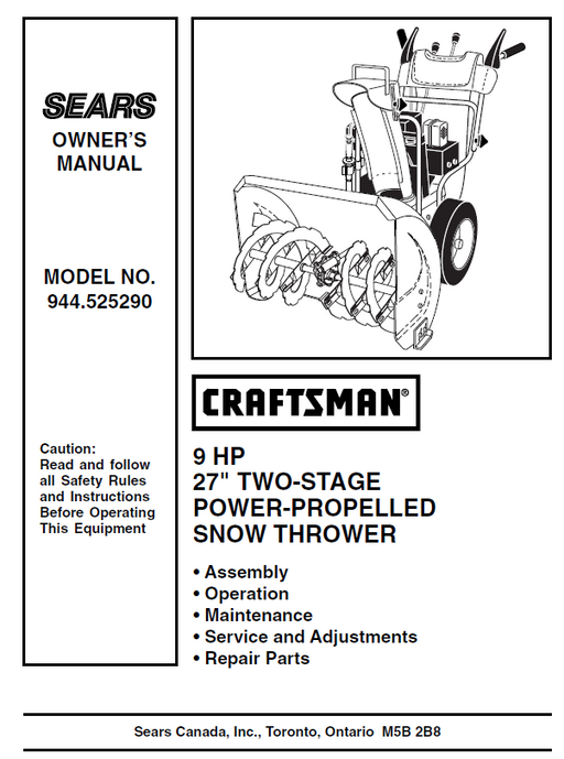 944.525290 Manual for Craftsman 27" Two-Stage Snow Thrower