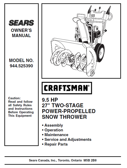 944.525390 Manual for Craftsman 27" Two-Stage Snow Thrower