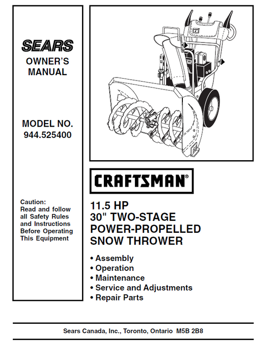 944.525400 Manual for Craftsman 30" Two-Stage Snow Thrower