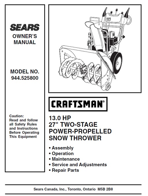 944.525800 Manual for Craftsman 27" Two-Stage Snow Thrower