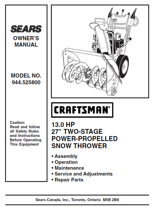 944.525800 Craftsman 27" Snowblower Owners Manual