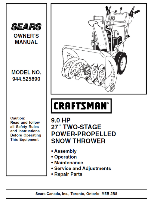 944.525890 Manual for Craftsman 27" Two-Stage Snow Thrower