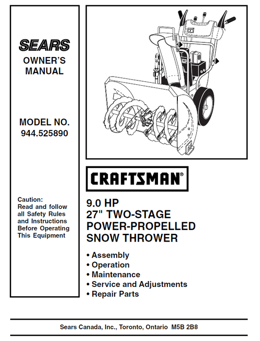 944.525890 Craftsman 27" Snowblower Owners Manual