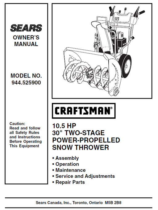 944.525900 Manual for Craftsman 30" Two-Stage Snow Thrower
