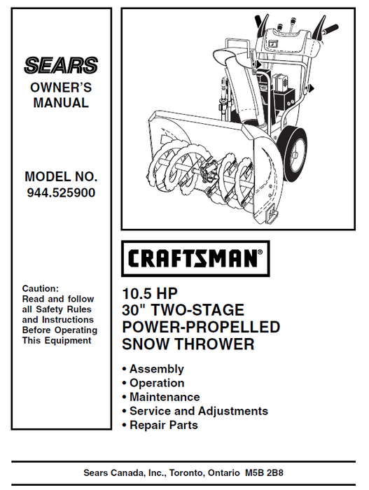 944.525900 Craftsman 30" Snowblower Owners Manual