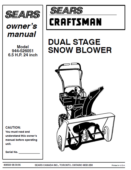944.526051 Manual for Craftsman 24" Two-Stage Snow Thrower