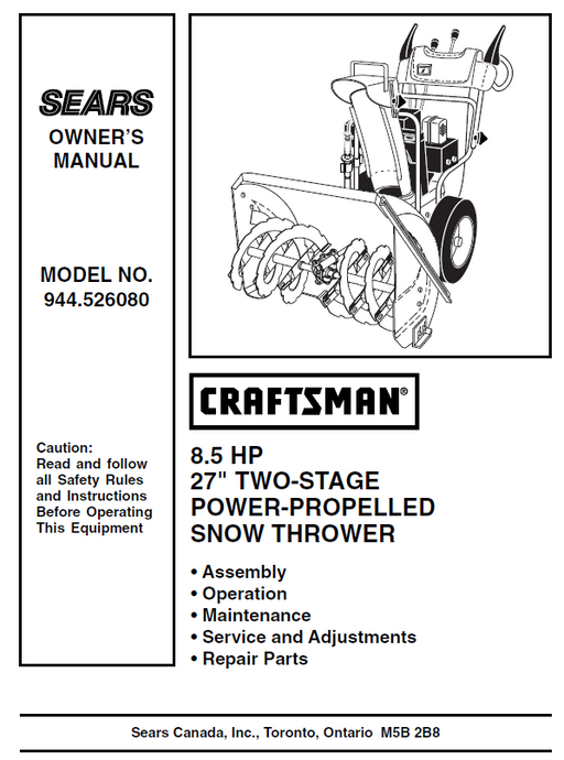 944.526080 Manual for Craftsman 27" Two-Stage Snow Thrower