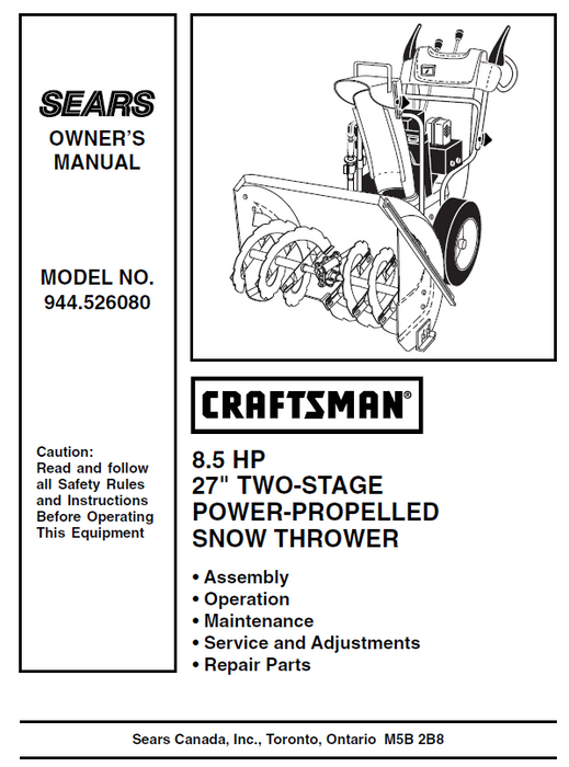 944.526080 Craftsman 27" Snowblower Owners Manual