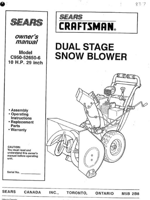 C950-52650-6 Manual for Craftsman 10 HP 29" Dual Stage Snow Blower