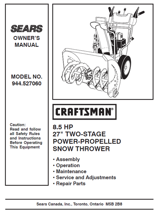 944.527060 Craftsman 27" Snowblower Owners Manual