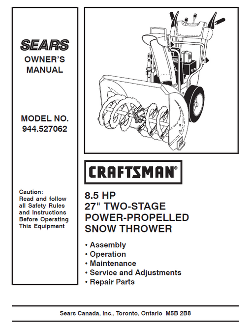 944.527062 Manual for Craftsman 27" Two-Stage Snow Thrower