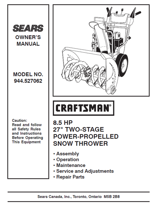 944.527062 Craftsman 27" Snowblower Owners Manual