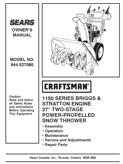 944.527080 Manual for Craftsman 27" Two-Stage Snow Thrower