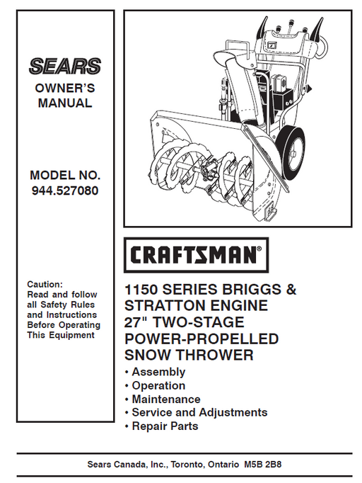 944.527080 Craftsman 27" Snowblower Owners Manual