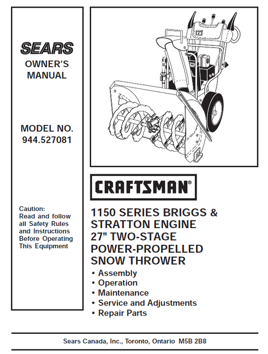 944.527081 Manual for Craftsman 27" Two-Stage Snow Thrower