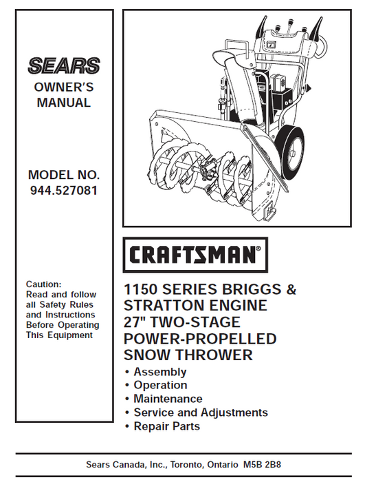 944.527081 Craftsman 27" Snowblower Owners Manual