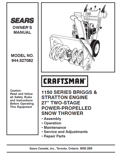 944.527082 Manual for Craftsman 27" Two-Stage Snow Thrower