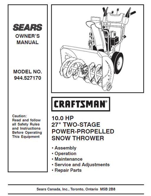 944.527170 Manual for Craftsman 27" Two-Stage Snow Thrower