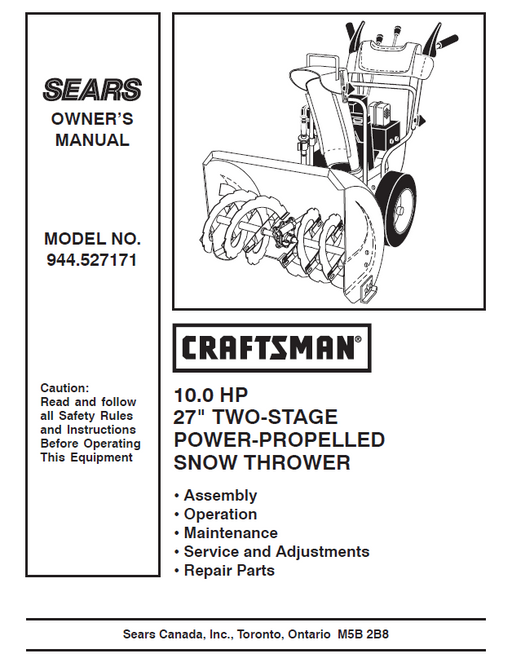 944.527171 Manual for Craftsman 27" Two-Stage Snow Thrower