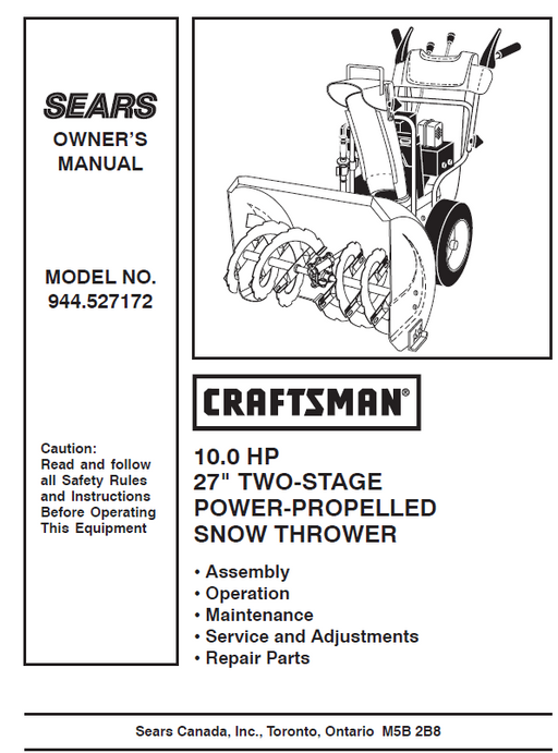 944.527172 Manual for Craftsman 27" Two-Stage Snow Thrower