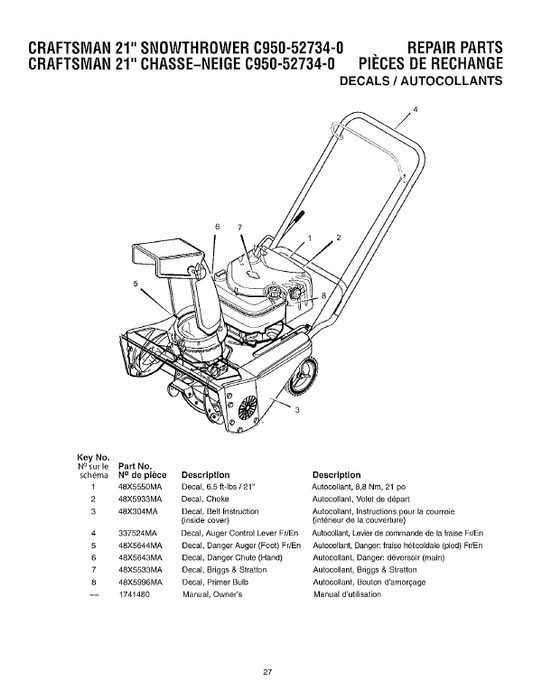 C950-52734-0 Craftsman 21" Snowthrower Parts List