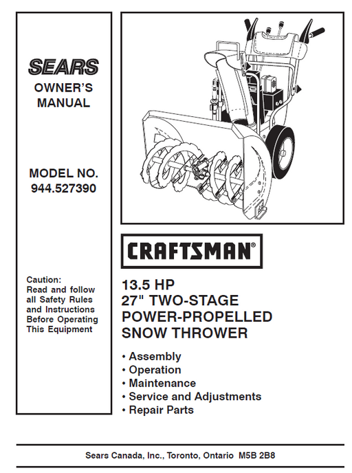 944.527390 Manual for Craftsman 27" Two-Stage Snow Thrower