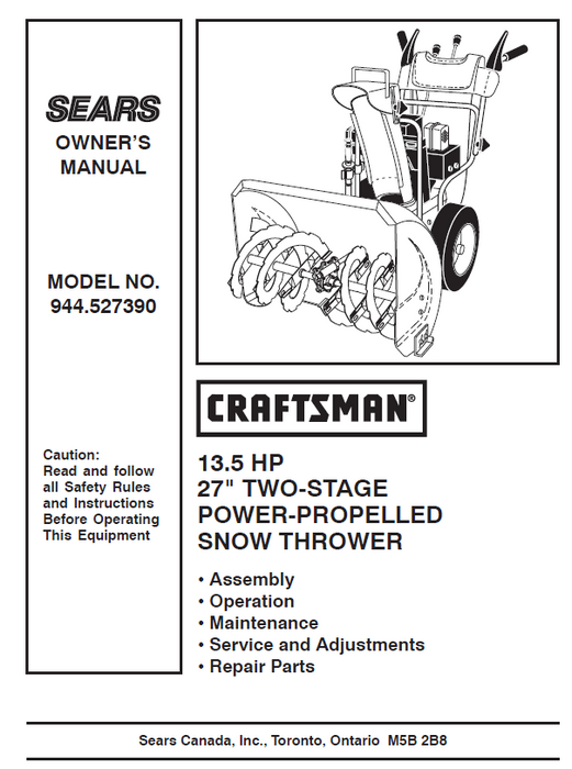 944.527390 Craftsman 27" Snowblower Owners Manual