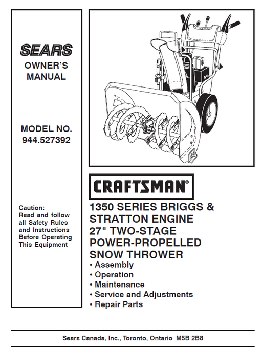 944.527392 Craftsman 27" Snowblower Owners Manual