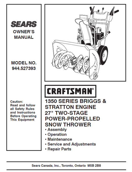 944.527393 Manual for Craftsman 27" Two-Stage Snow Thrower