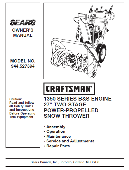 944.527394 Manual for Craftsman 27" Two-Stage Snow Thrower