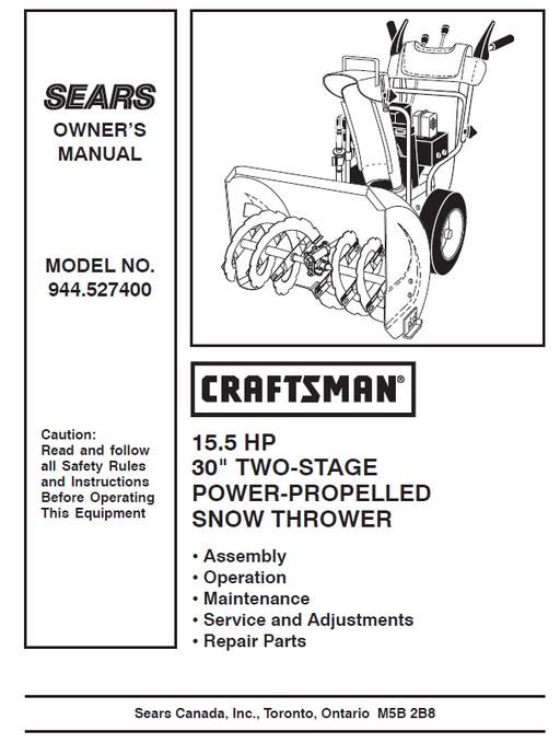 944.527400 Manual for Craftsman 30" Two-Stage Snow Thrower