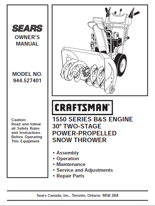 944.527401 Manual for Craftsman 30" Two-Stage Snow Thrower