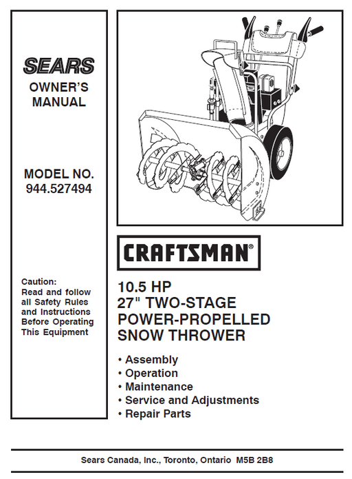 944.527494 Manual for Craftsman 27" Two-Stage Snow Thrower