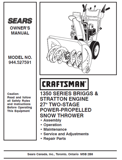 944.527591 Manual for Craftsman 27" Two-Stage Snow Thrower