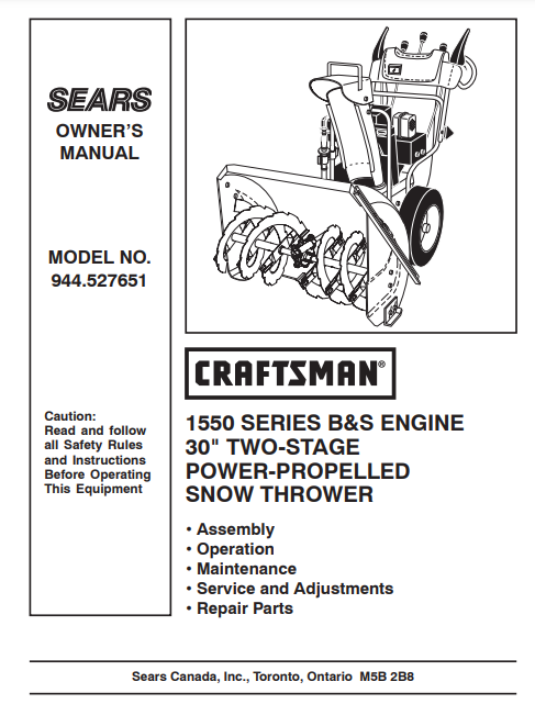 944.527651 Manual for Craftsman Snowblower  |  DRMower.ca