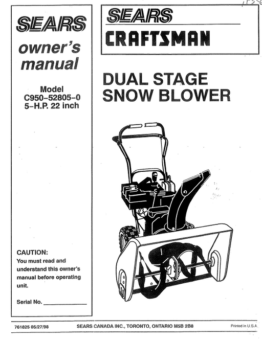 C950-52805-0 Manual for Craftsman 5 HP 22" Dual Stage Snowblower